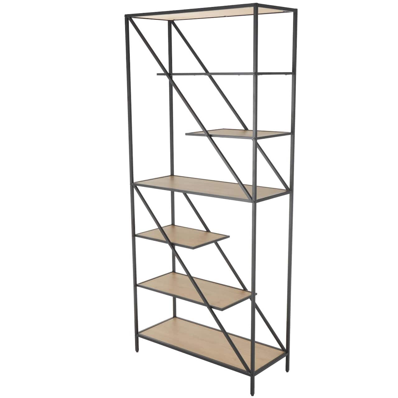 71" x 32" Brown Wooden Diagonal Angled 6 Shelf Storage Shelving Unit with Black Metal Frame